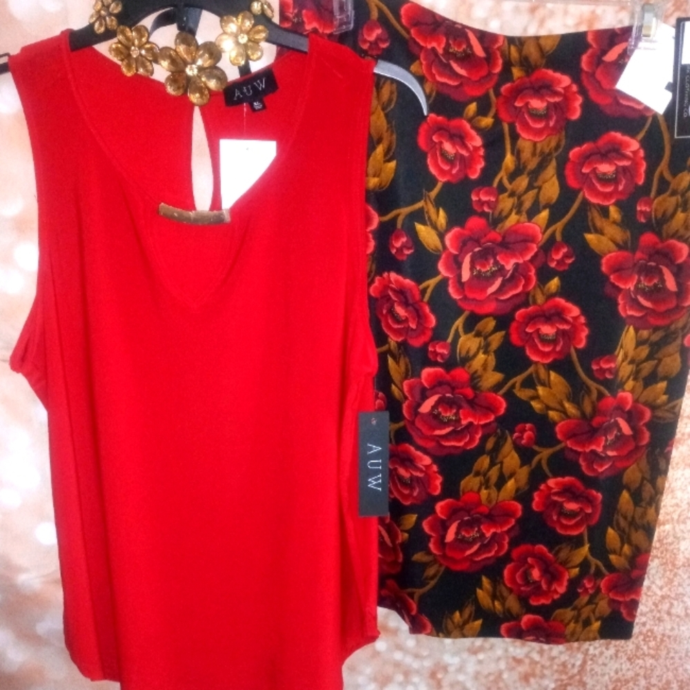 ♥️⚘️🖤 Deep red sleeveless top and red/gold/black skirt SET. 🖤⚘️♥️
